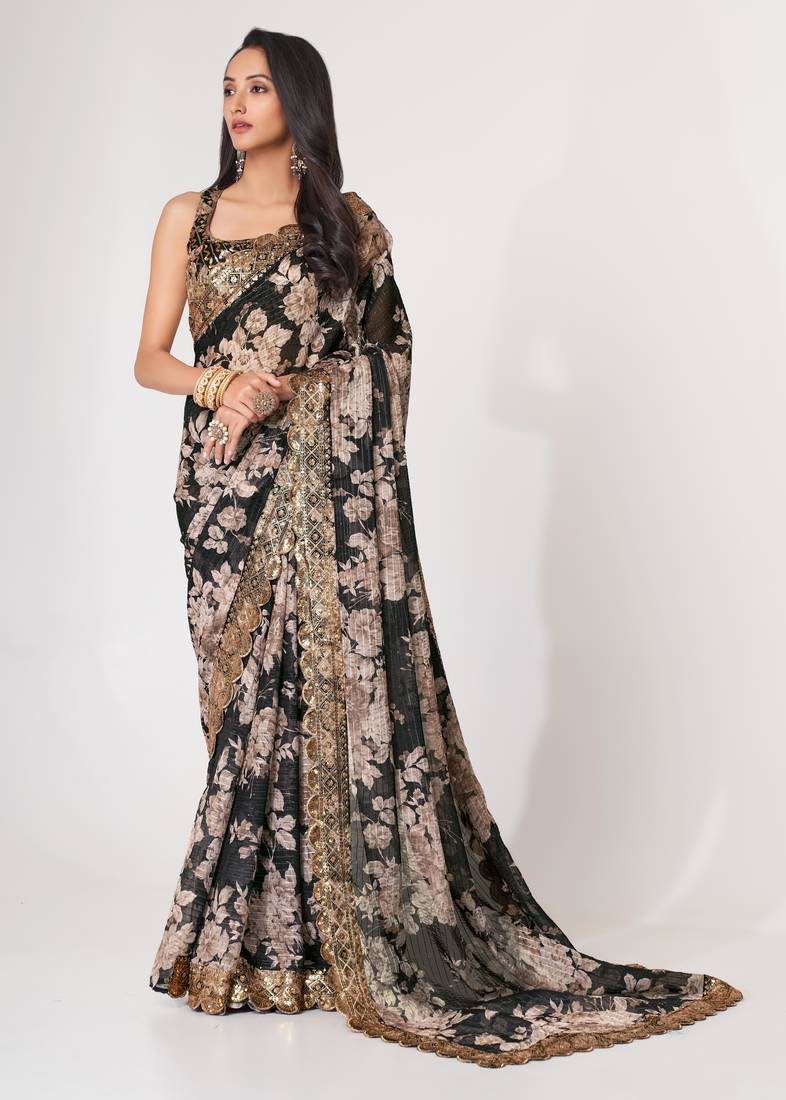 Black organza saree with sequins embroidery & floral digital print
