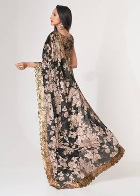 Black organza saree with sequins embroidery & floral digital print 2