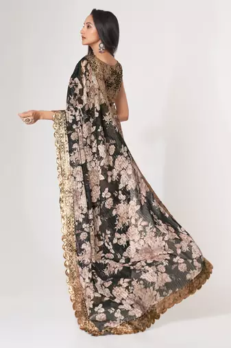 Black organza saree with sequins embroidery & floral digital print