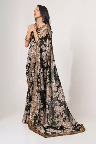 Black organza saree with sequins embroidery & floral digital print