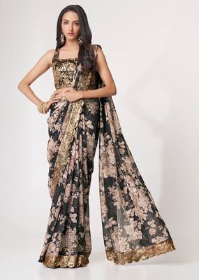Black organza saree with sequins embroidery & floral digital print 4