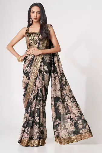 Black organza saree with sequins embroidery & floral digital print