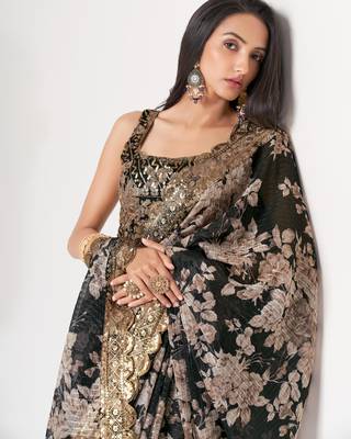 Black organza saree with sequins embroidery & floral digital print 5