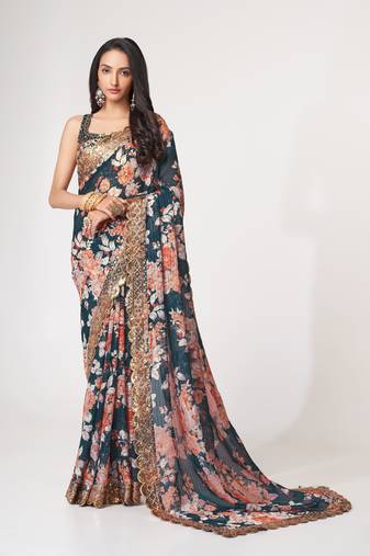 Blue organza saree with sequins embroidery & floral digital print
