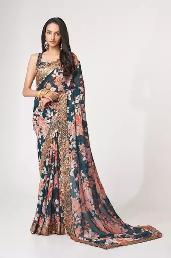 Blue organza saree with sequins embroidery & floral digital print