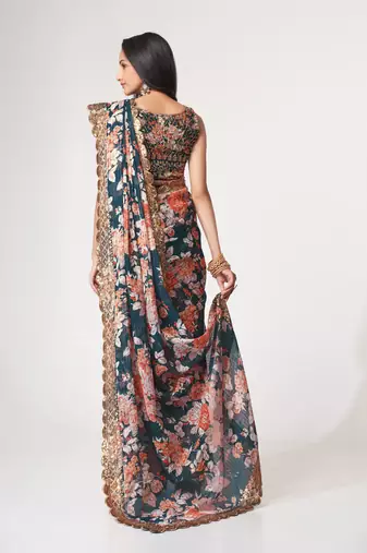 Blue organza saree with sequins embroidery & floral digital print