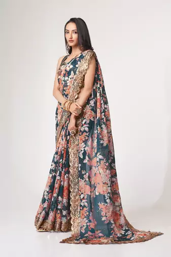 Blue organza saree with sequins embroidery & floral digital print