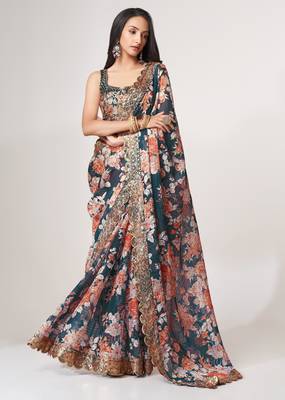 Blue organza saree with sequins embroidery & floral digital print 4