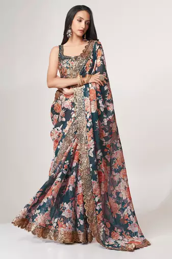 Blue organza saree with sequins embroidery & floral digital print
