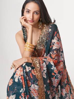 Blue organza saree with sequins embroidery & floral digital print 5
