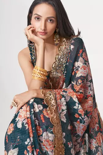 Blue organza saree with sequins embroidery & floral digital print