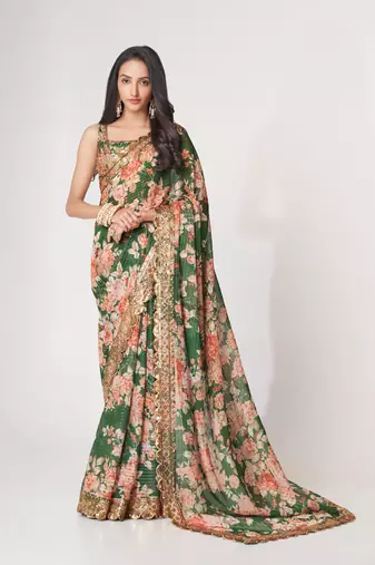 Green organza saree with sequins embroidery & floral digital print