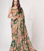 Green organza saree with sequins embroidery & floral digital print