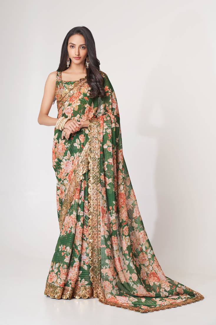 Green organza saree with sequins embroidery & floral digital print