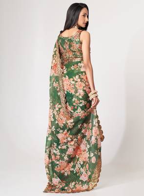 Green organza saree with sequins embroidery & floral digital print 2