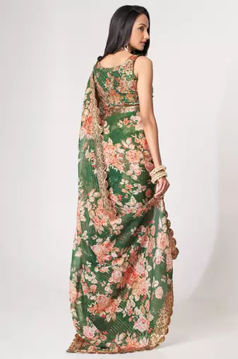 Green organza saree with sequins embroidery & floral digital print