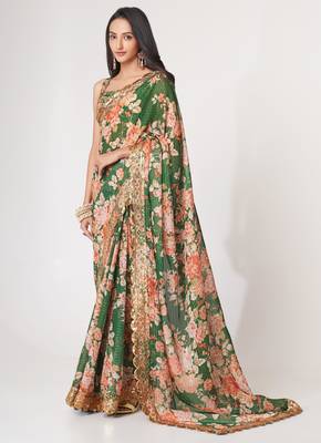 Green organza saree with sequins embroidery & floral digital print 3