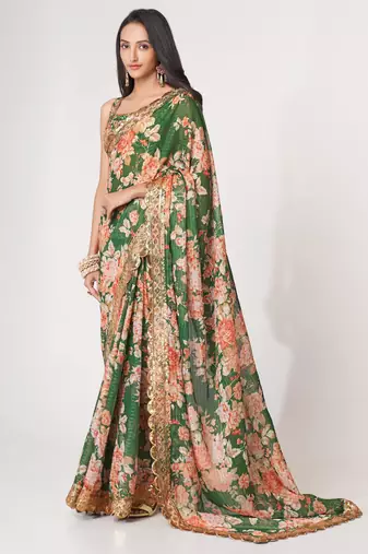 Green organza saree with sequins embroidery & floral digital print
