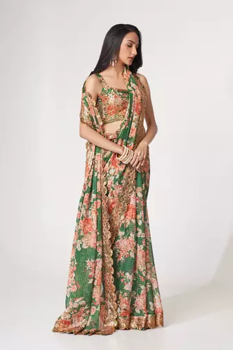 Green organza saree with sequins embroidery & floral digital print