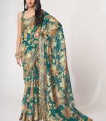 Teal blue organza saree with sequins embroidery & floral digital print