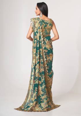 Teal blue organza saree with sequins embroidery & floral digital print 2