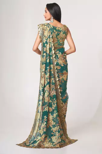 Teal blue organza saree with sequins embroidery & floral digital print