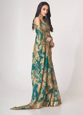 Teal blue organza saree with sequins embroidery & floral digital print 3