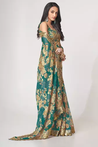 Teal blue organza saree with sequins embroidery & floral digital print