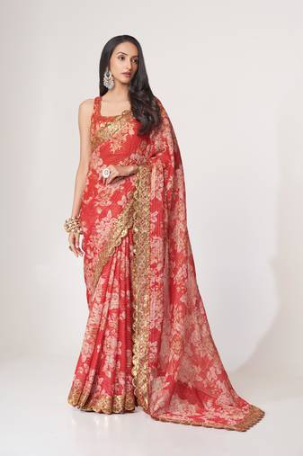 Red organza saree with sequins embroidery & floral digital print