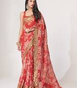 Red organza saree with sequins embroidery & floral digital print