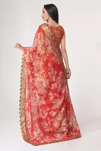 Red organza saree with sequins embroidery & floral digital print
