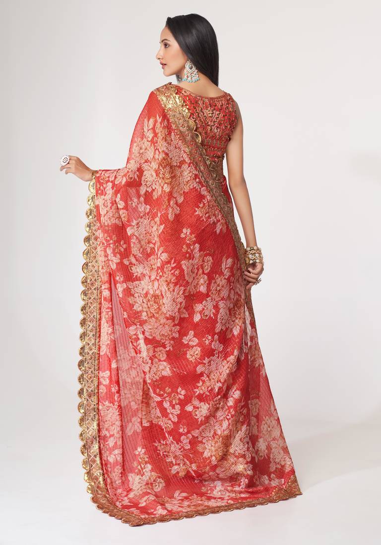 Red organza saree with sequins embroidery & floral digital print