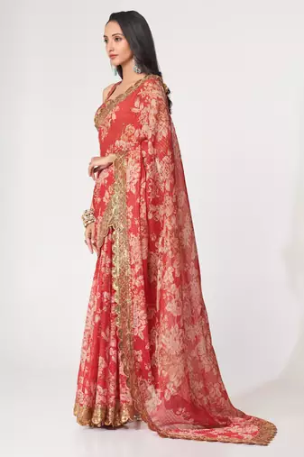 Red organza saree with sequins embroidery & floral digital print