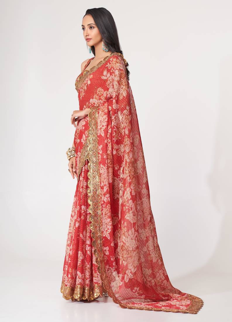 Red organza saree with sequins embroidery & floral digital print