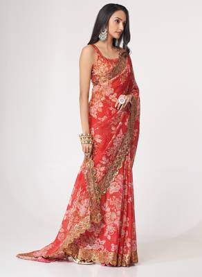 Red organza saree with sequins embroidery & floral digital print 4