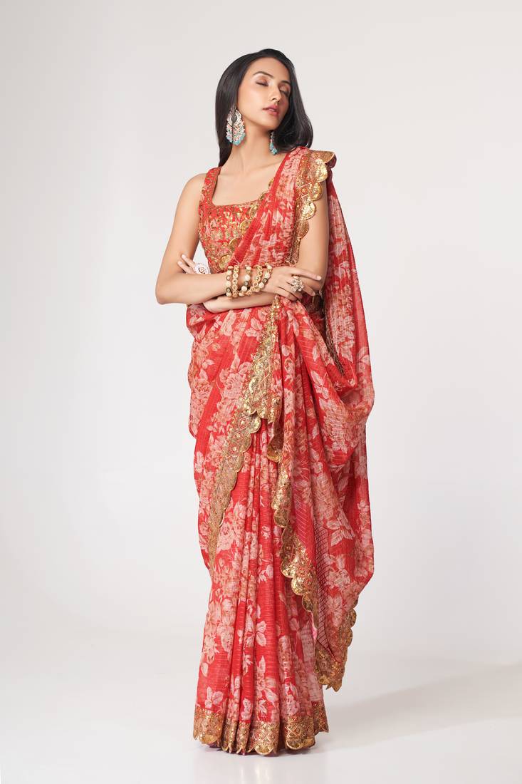 Red organza saree with sequins embroidery & floral digital print