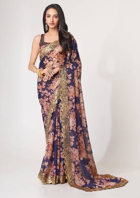 Purple organza saree with sequins embroidery & floral digital print 1