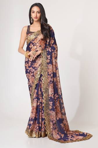 Purple organza saree with sequins embroidery & floral digital print