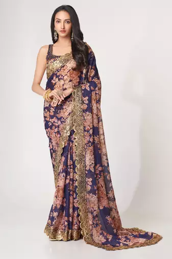Purple organza saree with sequins embroidery & floral digital print