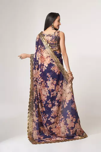 Purple organza saree with sequins embroidery & floral digital print