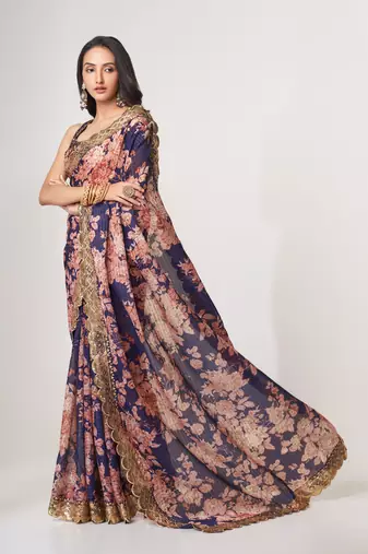 Purple organza saree with sequins embroidery & floral digital print