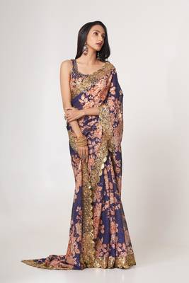 Purple organza saree with sequins embroidery & floral digital print 4