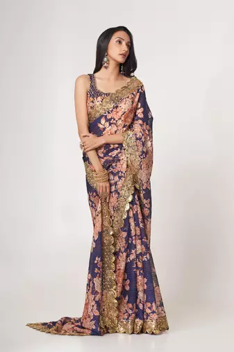 Purple organza saree with sequins embroidery & floral digital print