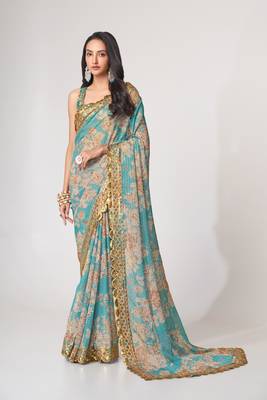 Sky blue organza saree with sequins embroidery & floral digital print 1