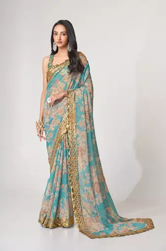 Sky blue organza saree with sequins embroidery & floral digital print