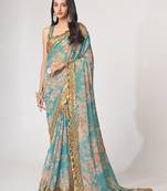 Sky blue organza saree with sequins embroidery & floral digital print