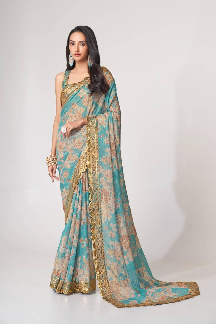 Sky blue organza saree with sequins embroidery & floral digital print