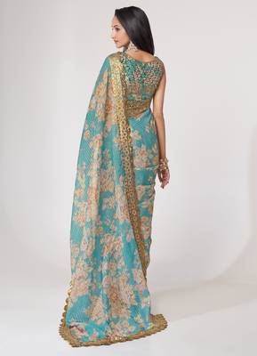 Sky blue organza saree with sequins embroidery & floral digital print 2