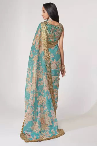 Sky blue organza saree with sequins embroidery & floral digital print