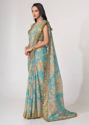 Sky blue organza saree with sequins embroidery & floral digital print 3
